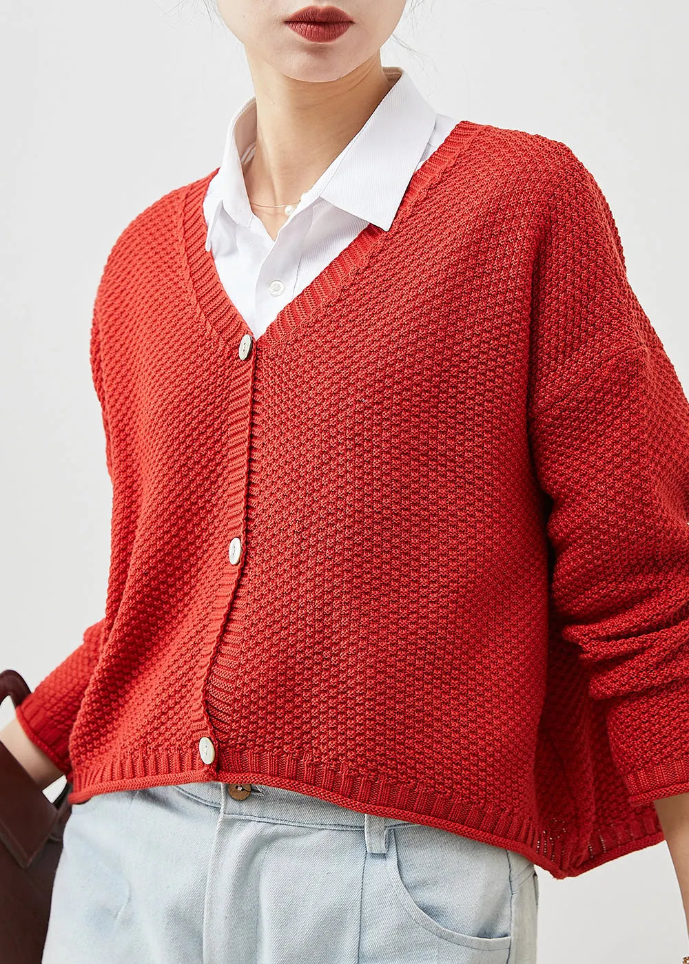 Red Button Down Knit Loose Cardigan Spring