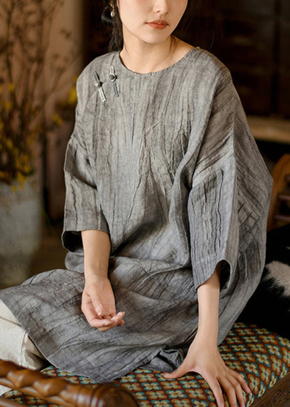 Beige O Neck Chinese Button Linen Mid Dress Bracelet Sleeve