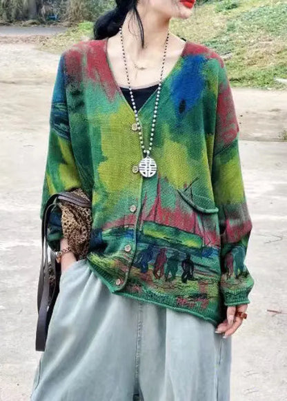 Green V Neck Print Pockets Knit Cardigans Long Sleeve
