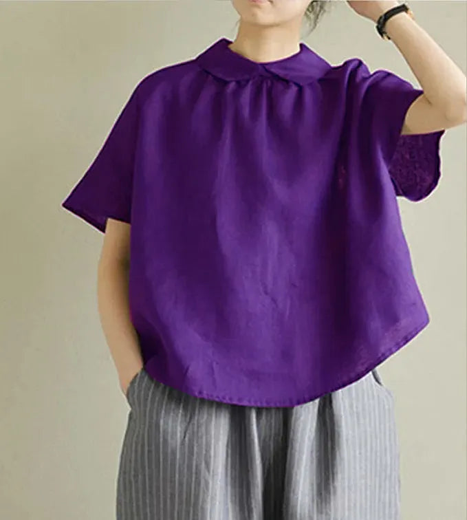 Simple Green Peter Pan Collar Linen Shirt Summer