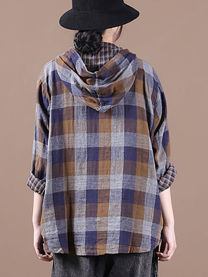 Loose Stitching Drawstring Cotton Linen Hooded Blouse Shirt