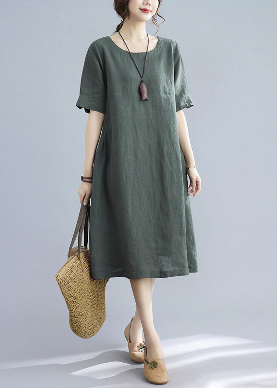 Handmade Green Wrinkled Linen Vacation Dresses Short Sleeve