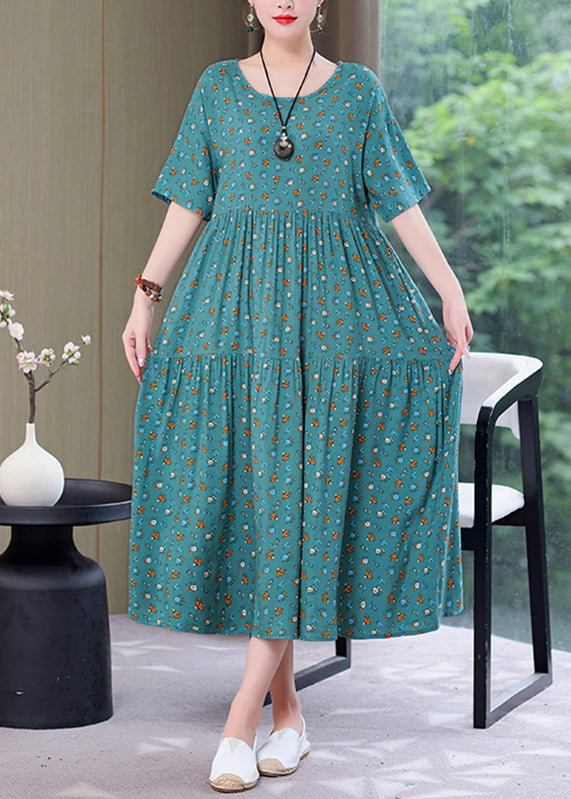 Style Yellow O-neck Print Wrinkled Long Dress Summer