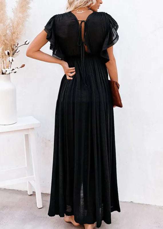 Black Ruffled Patchwork Long Dress Summer