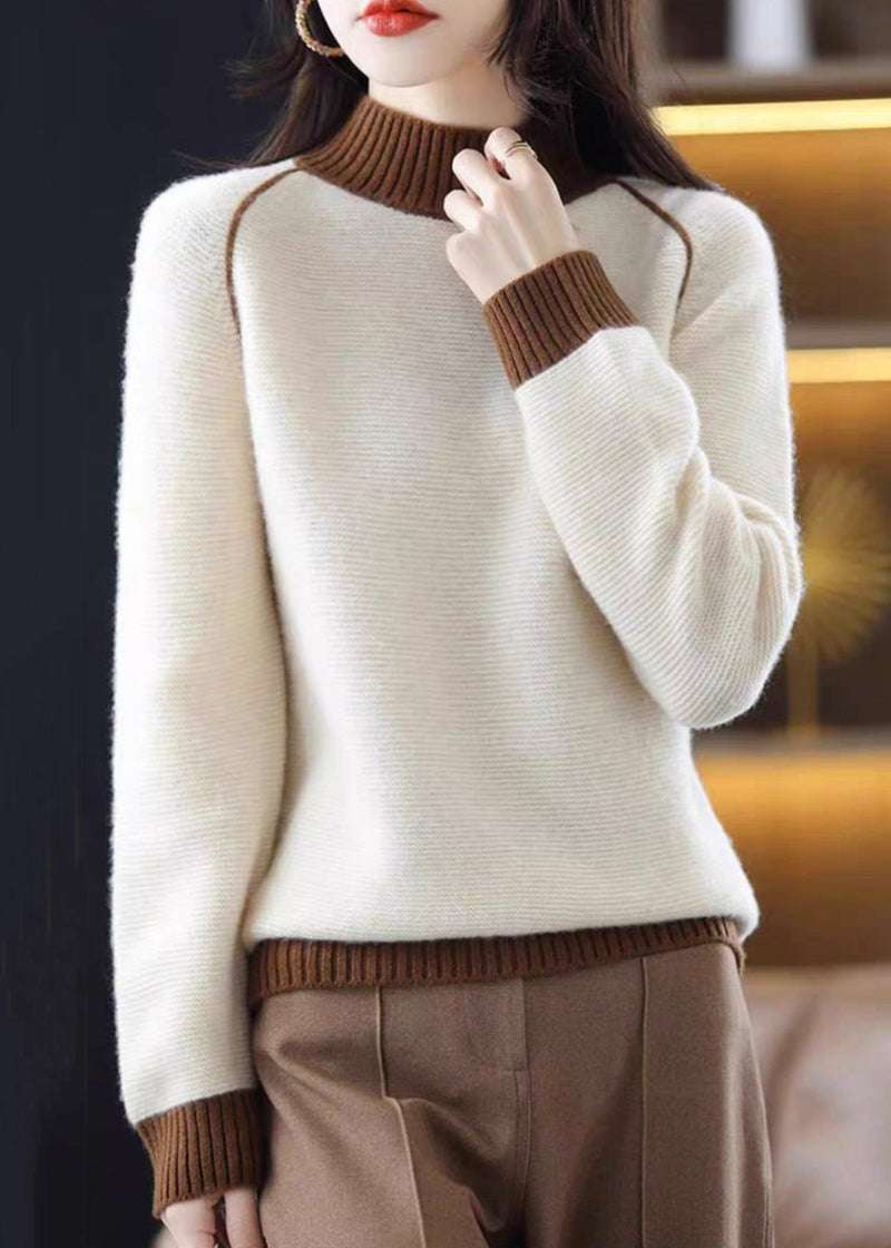 Beige Turtleneck Cozy Patchwork Wool Knit Sweaters Fall