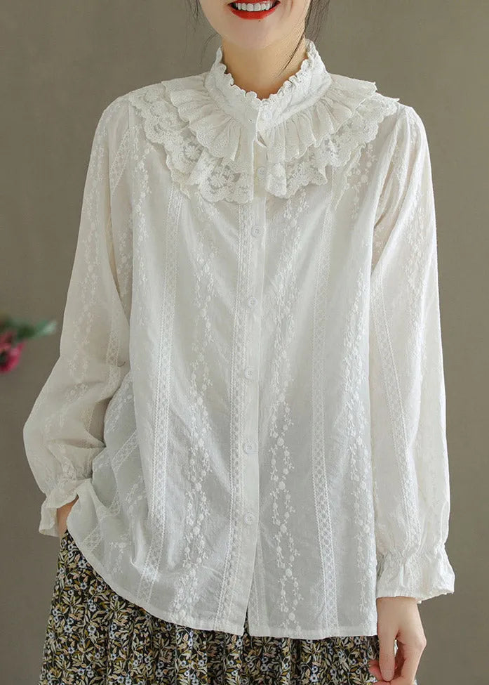 Jacquard White Ruffled Embroidered Lace Patchwork Button Cotton Shirt Long Sleeve