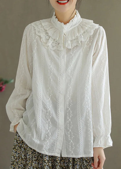 Jacquard White Ruffled Embroidered Lace Patchwork Button Cotton Shirt Long Sleeve