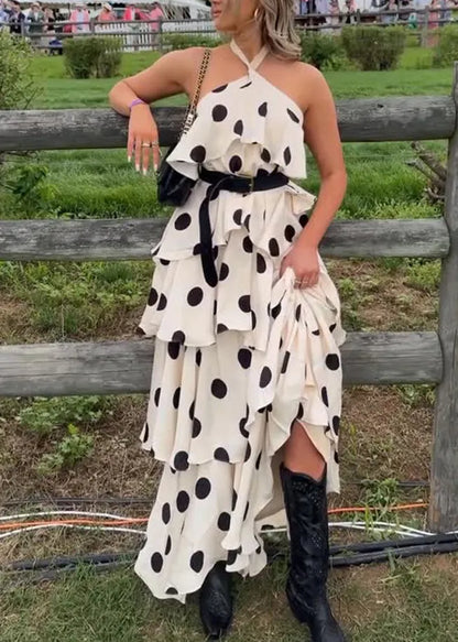 Beige Layered Ruffled Print Cotton Halter Dresses Summer