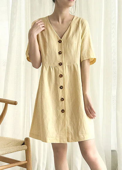 Stylish Yellow V Neck Button Linen Mid Dress Summer