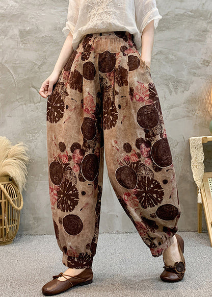 Light Brown Pockets Elastic Waist Cotton Harem Pants Summer
