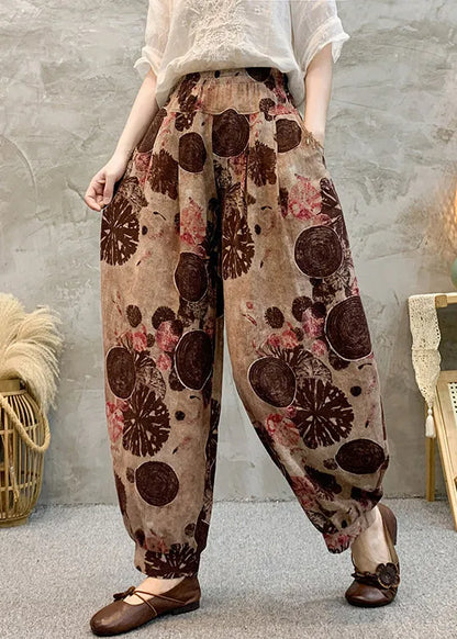Light Brown Pockets Elastic Waist Cotton Harem Pants Summer