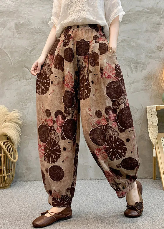 Light Brown Pockets Elastic Waist Cotton Harem Pants Summer