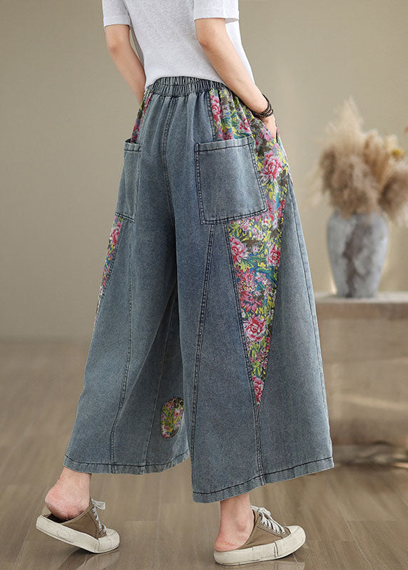 Blue Pockets Print Elastic Waist Denim Crop Wide Leg Pants Summer