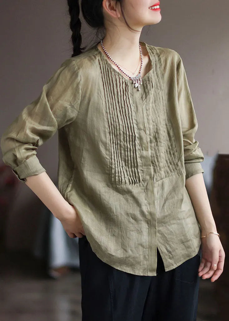 Army Green Wrinkled Patchwork Linen Shirt Top Spring