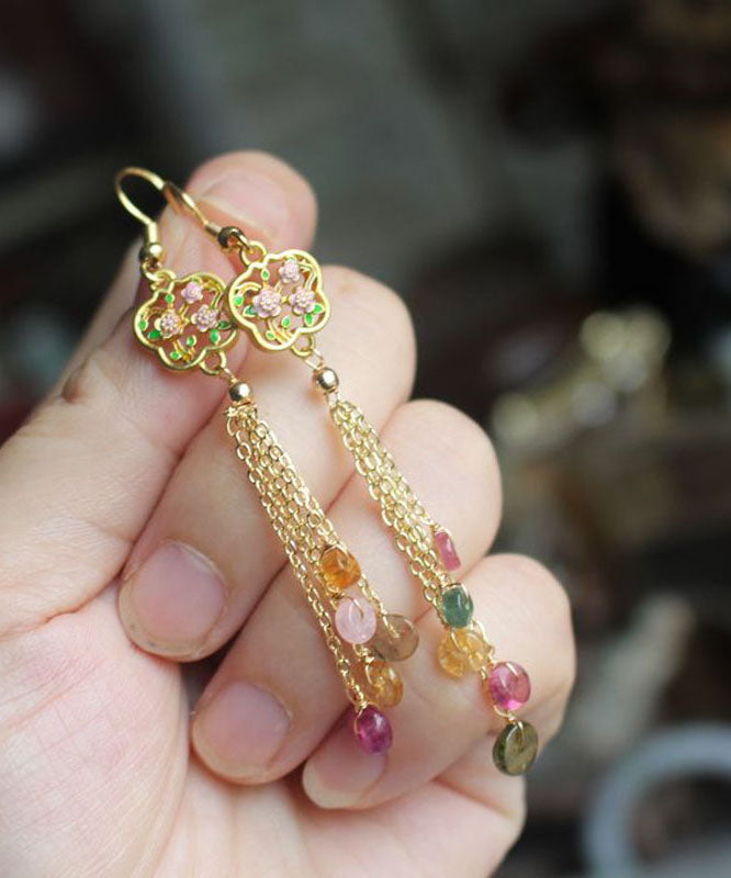 Rainbow Gem Stone Tassel Drop Earrings