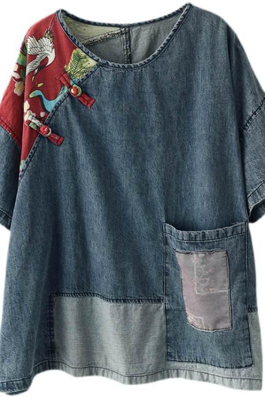 Denim Cotton Patchwork Pocket T-shirt