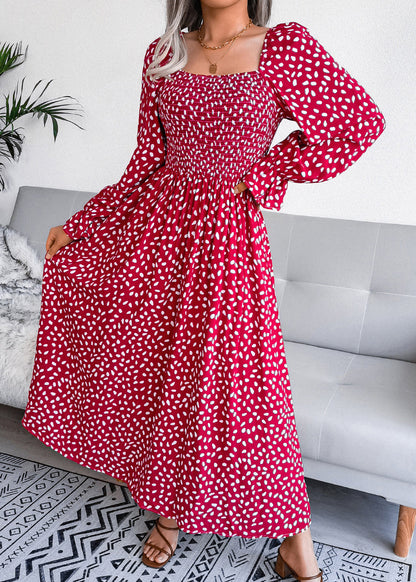 Red Square Collar Print Wrinkled Cotton Dresses Spring