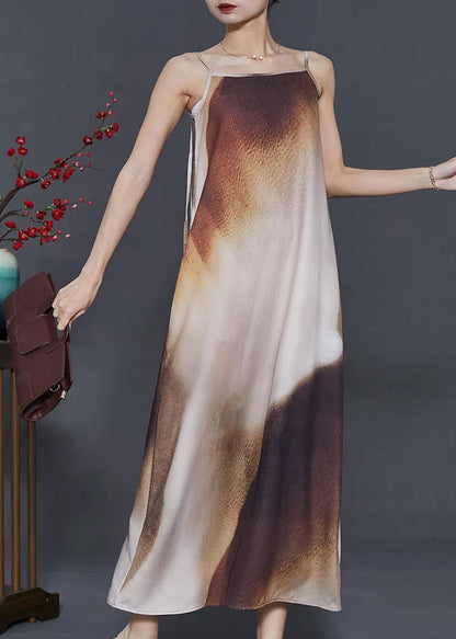 Brown Tie Dye Draping Silk Spaghetti Strap Dress Summer