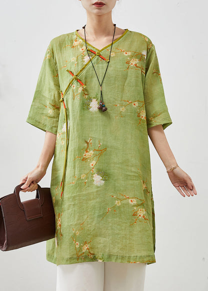 Green Tasseled Print Linen Oriental Dress Summer