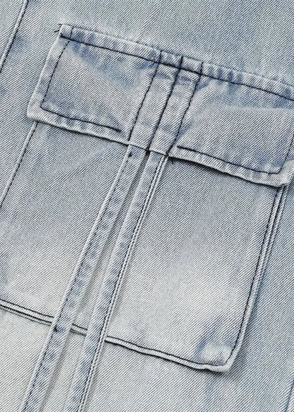 Modern Blue Pockets Lace Up High Waist Denim Pants Fall