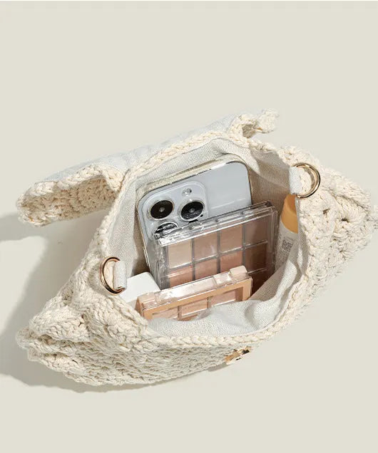 Beige Hollow Out Knit Cross-body Bag