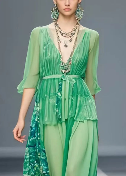 Grass Green Patchwork Chiffon Tunic Dresses Exra Large Hem Summer