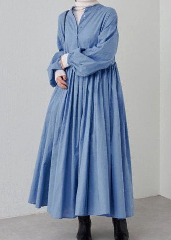 Grey Wrinkled Patchwork Cotton Dresses Lantern Sleeve