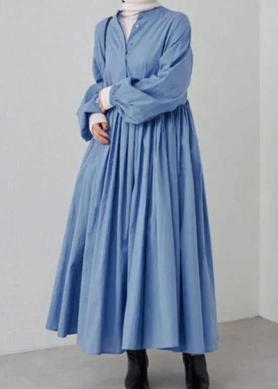 Grey Wrinkled Patchwork Cotton Dresses Lantern Sleeve