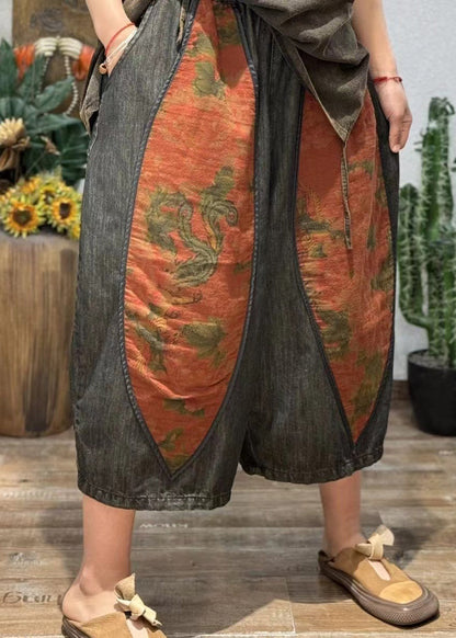 Retro Print Splicing Style Cotton Crop Pants Summer