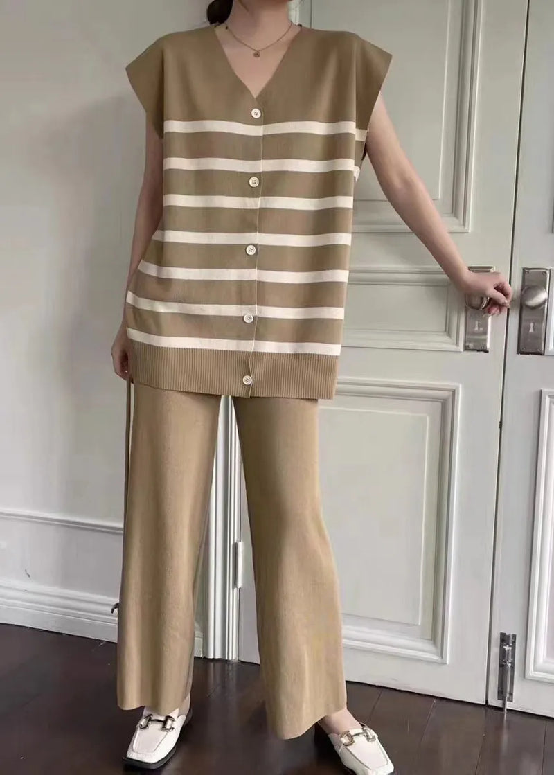 Loose Apricot V Neck Striped Knit 2 Piece Outfit Summer