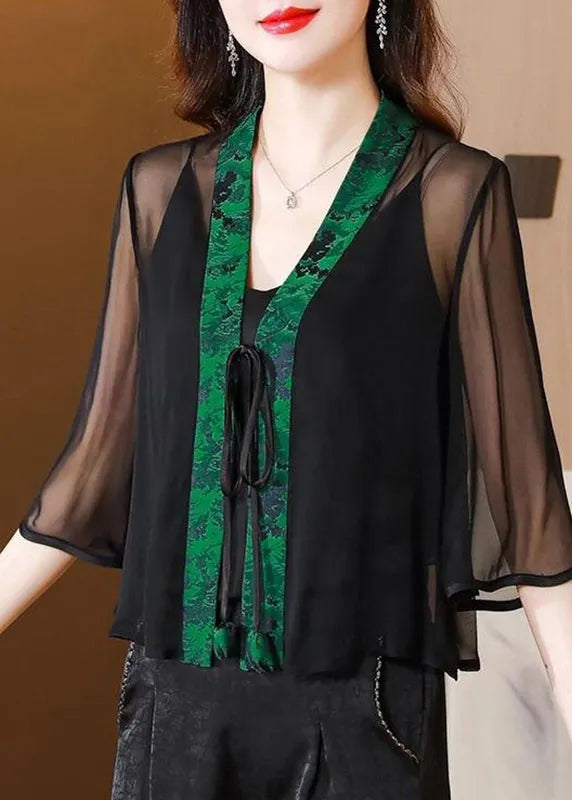 Stylish Green V Neck Print Tie Waist Tulle Upf 50+ Coat Half Sleeve