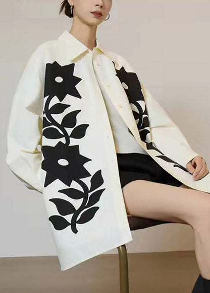 French Beige Peter Pan Collar Print Low High Design Shirt Lantern Sleeve