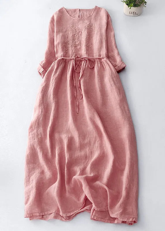 Dark Purple Embroidered Tie Waist Linen Maxi Dress Spring