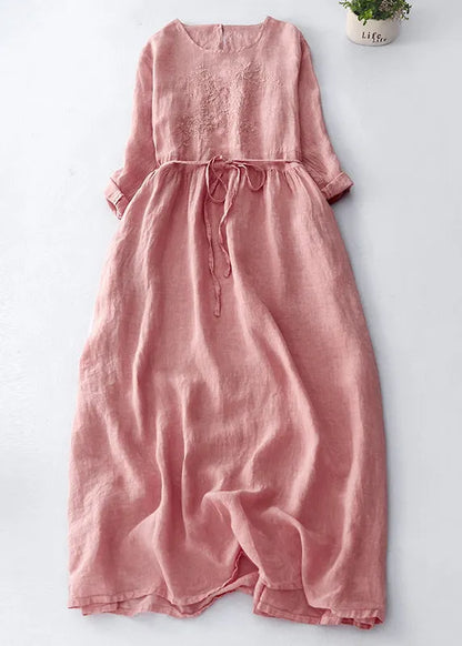 Dark Purple Embroidered Tie Waist Linen Maxi Dress Spring