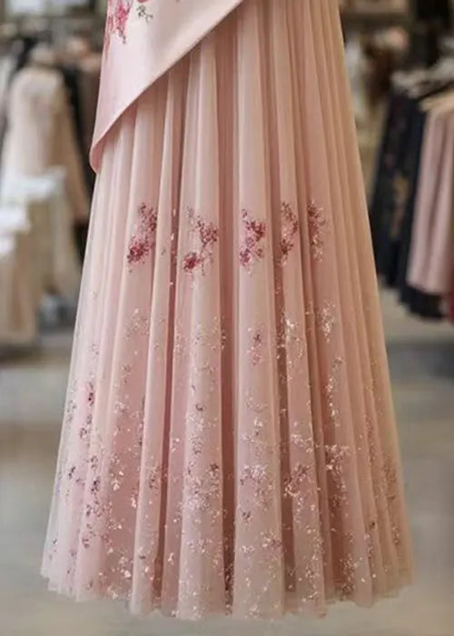 Pink Print Wrinkled Tulle Patchwork Skirt Summer