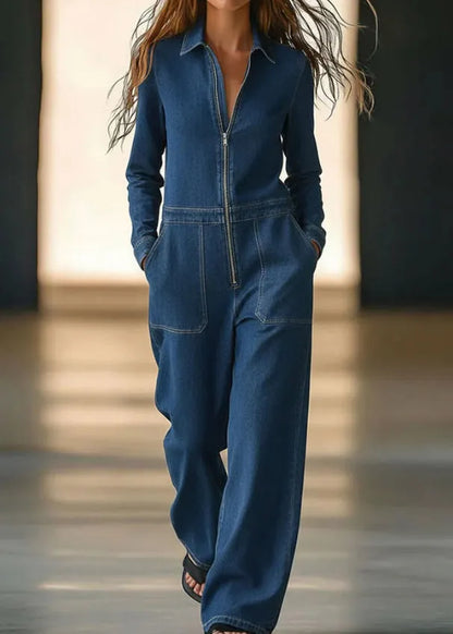 New Blue Peter Pan Collar Zippered Patchwork Denim Jumpsuit Fall