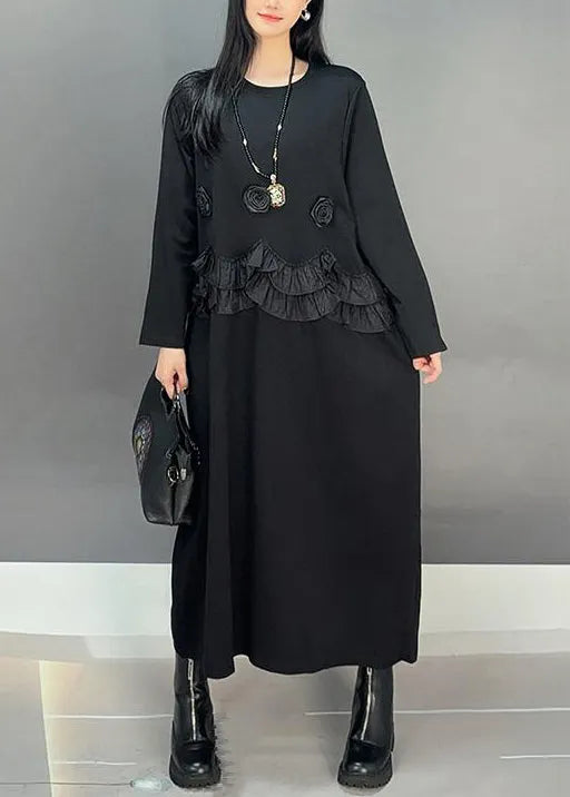 Loose Black O-neck Ruffled Patchwork Cotton Long Dresses Fall