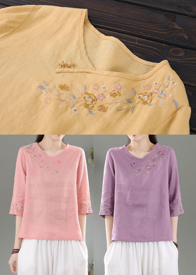 Style Yellow O-neck Embroidered Linen Top Three Quarter Sleeve