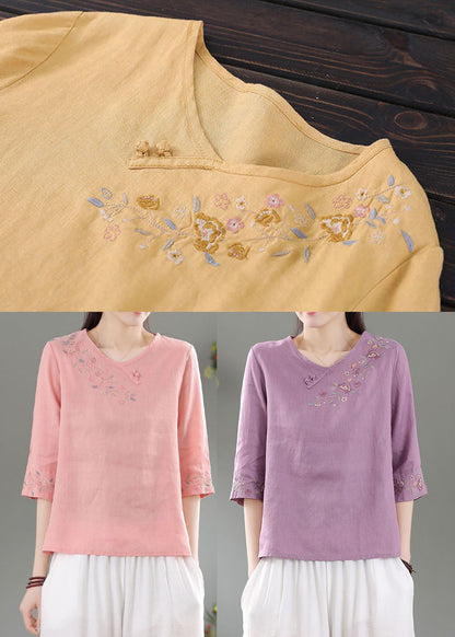 Purple Patchwork Linen Shirt Top O-neck Embroidered Three Quarter Sleeve