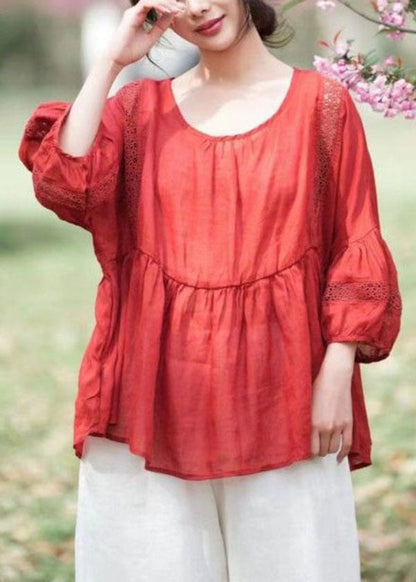 Pink Patchwork Linen Top Embroidered Hollow Out O Neck Summer