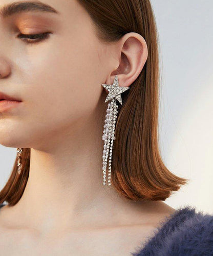 New Silk Asymmetric Zircon Pearl Tassels Silver Plated Drop Earrings
