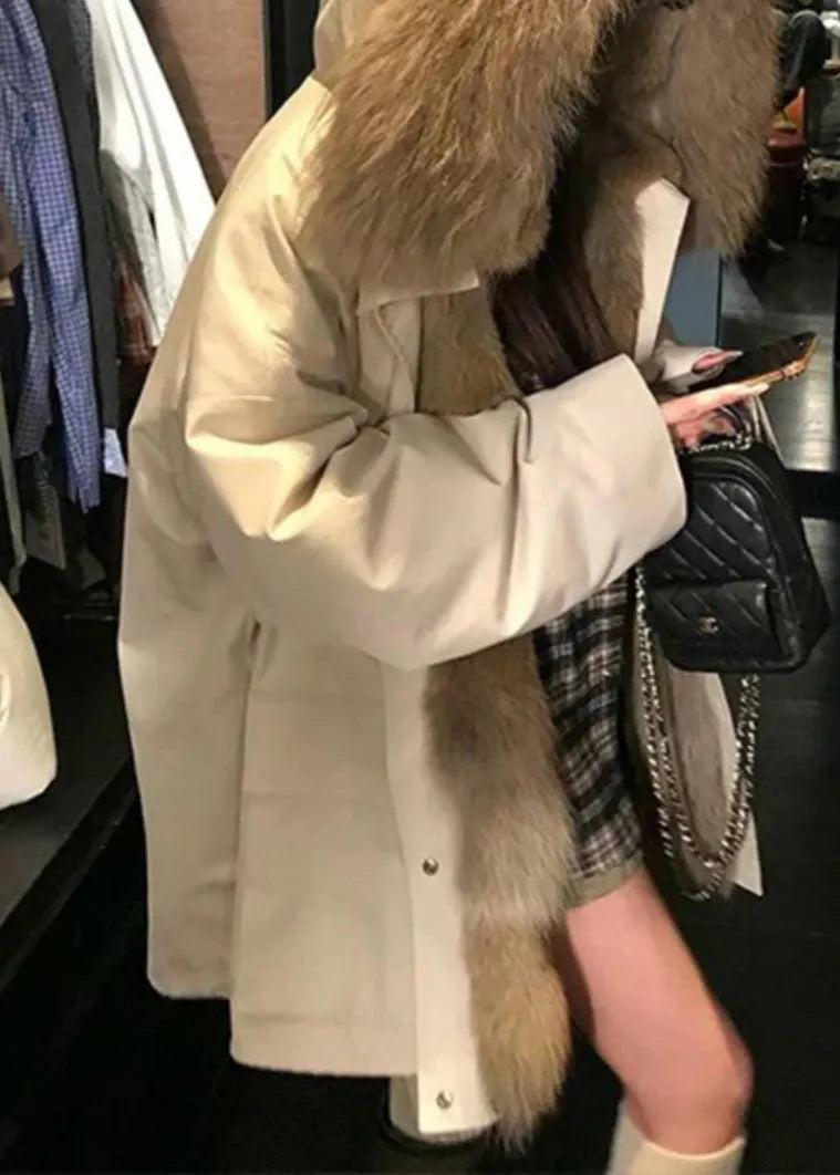 Apricot Pockets Patchwork Detachable Hoosed Jacket Winter