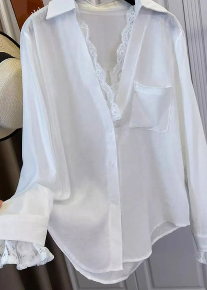 White V Neck Lace Patchwork Shirts Spring