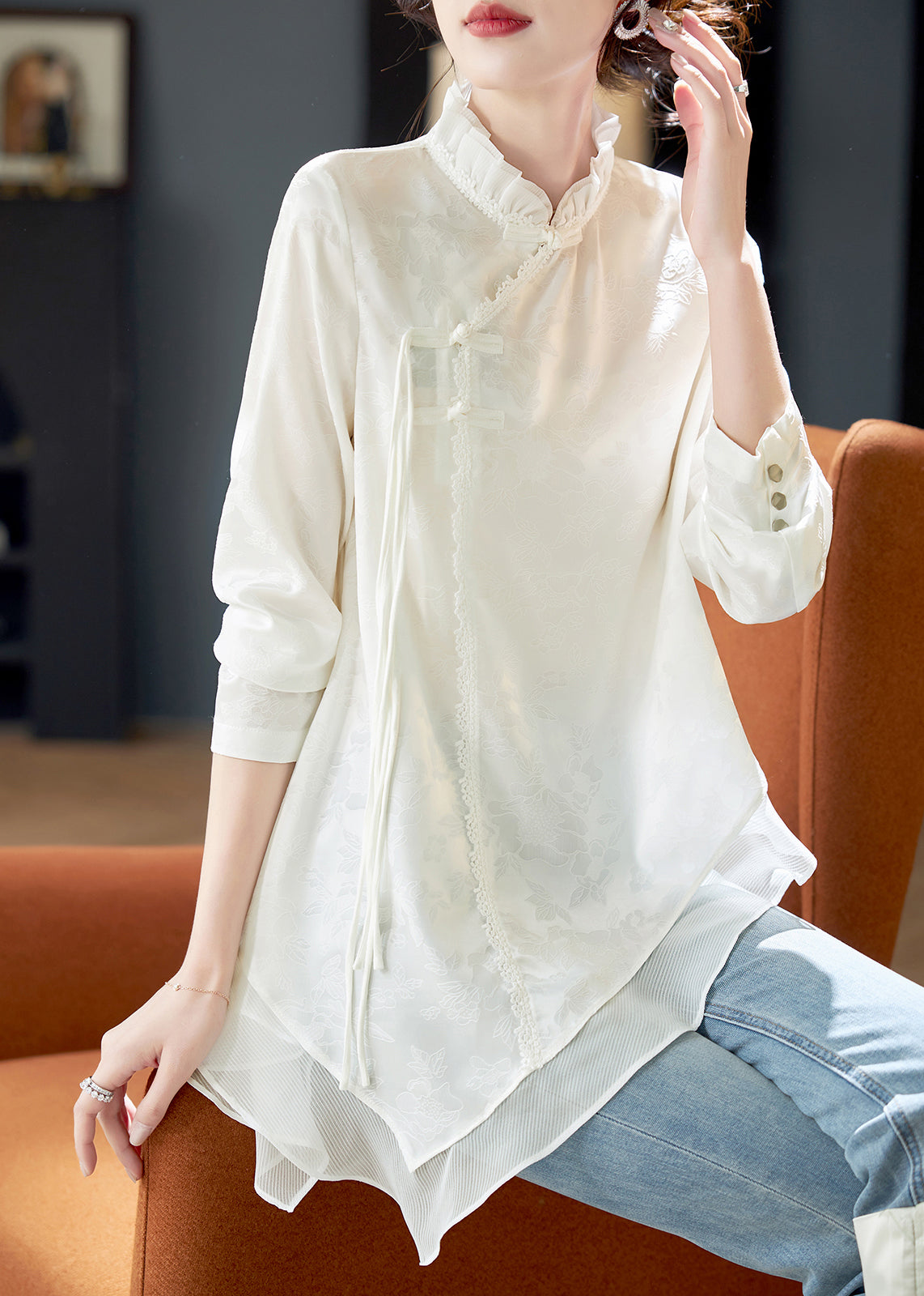 White Ruffled Chinese Button Chiffon Shirt Long Sleeve