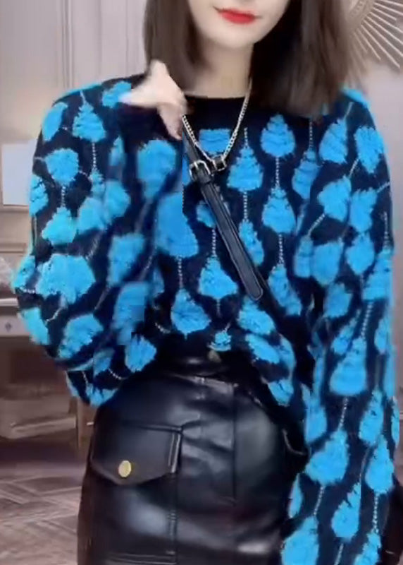 Organic Blue O-neck Patchwork Thick Cotton Knit Sweater Winter