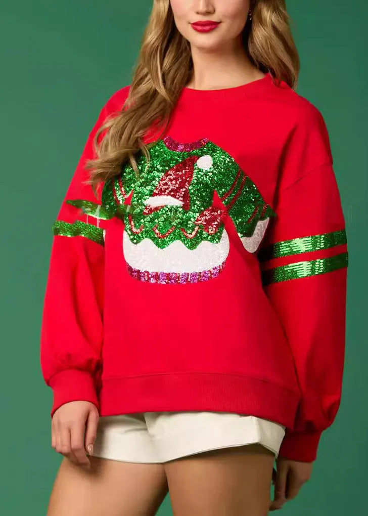 Style Red O Neck Sequins Cotton Christmas Sweatshirts Top Winter