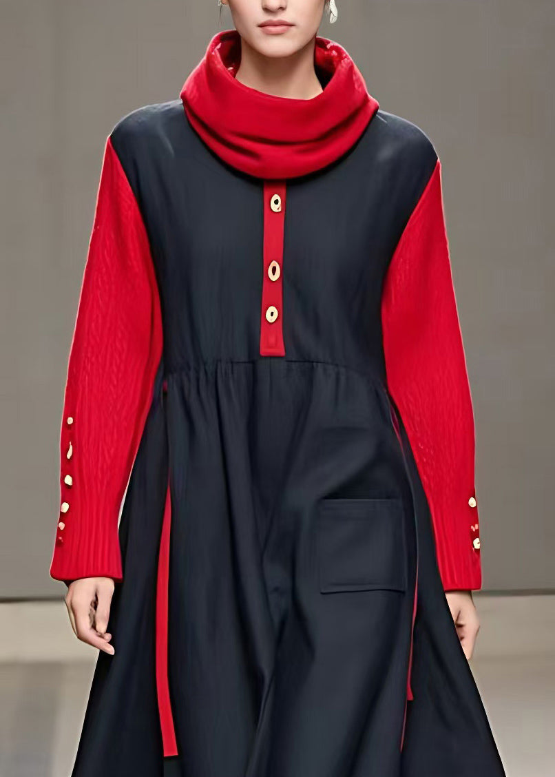 Black Turtleneck Patchwork Maxi Dresses Long Sleeve