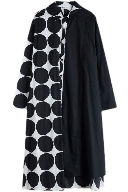 Spring Polka Dot Colorblock Lapel Shirt Dress