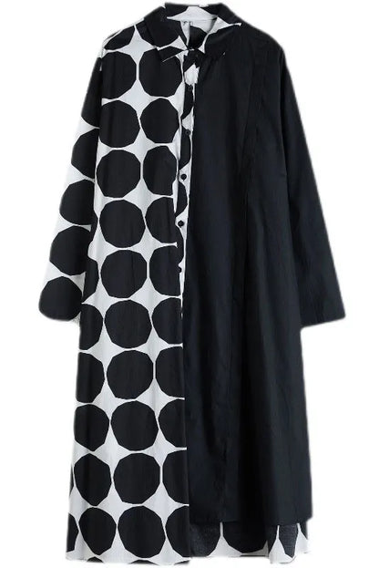 Spring Polka Dot Colorblock Lapel Shirt Dress