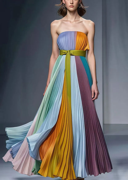 Silm Fit Multicolor Cold Shoulder Chiffon Strapless Pleated Dresses Summer